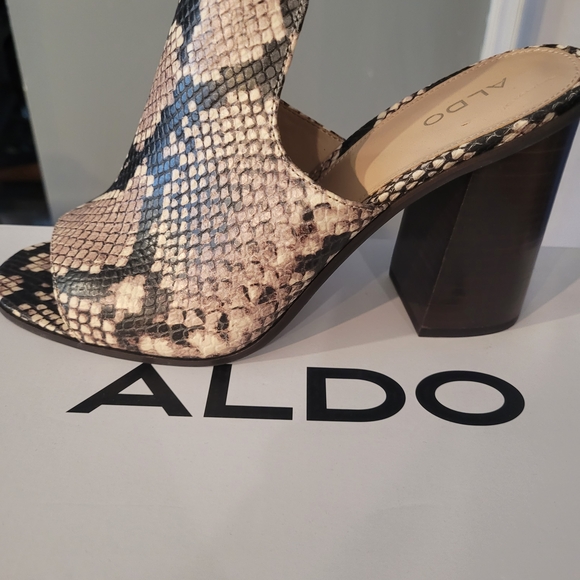 Aldo Shoes - Aldo Taupe and Black Snake-Print Block Heel Mule